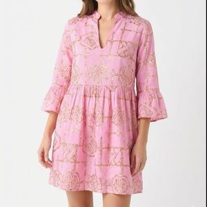 Jude Connally Dress Small Pink Gold Geometric Bell Sleeve Tunic V-Neck Resort